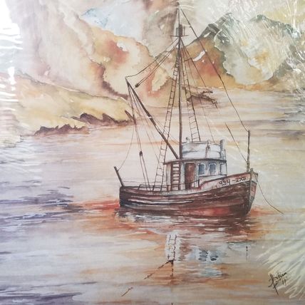 NWOT Watercolor Print + Mountains + Boat