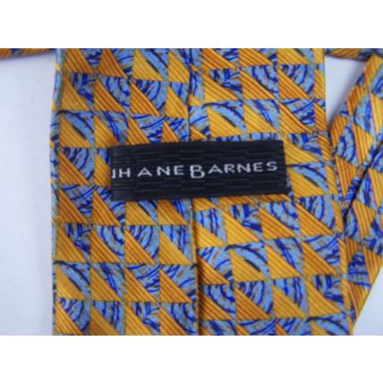 Jhane Barnes Tie Necktie Geometric Design 100% Silk Mustard & Blues Italy