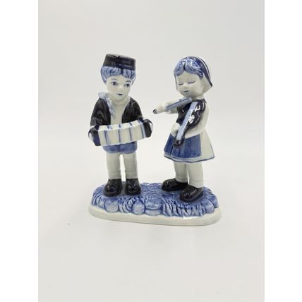 Delft Blue Pottery Dutch Boy & Girl Hand Painted Musician Figurine 5” Vintage
