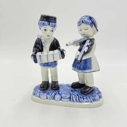 Delft Blue Pottery Dutch Boy & Girl Hand Painted Musician Figurine 5” Vintage