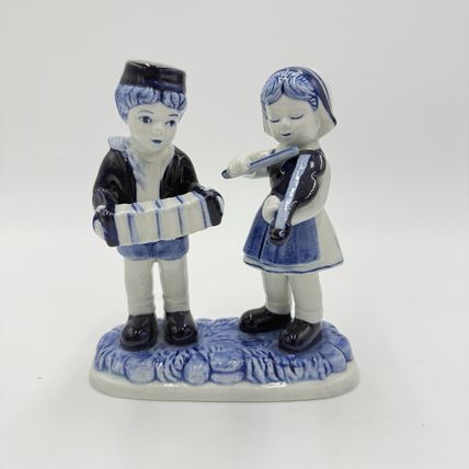 Delft Blue Pottery Dutch Boy & Girl Hand Painted Musician Figurine 5” Vintage