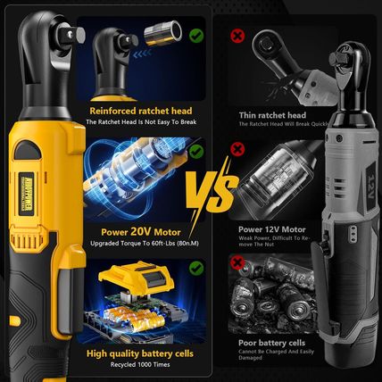 3/8" Cordless Ratchet Wrench Set, 60Ft-Lbs(80N.M) Electric Ratchet, 2 X 20V Char