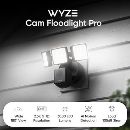 WYZE Floodlight Camera Pro, Pcmag Editors' Choice, 3000-Lumen Leds, 180° Wide Vi