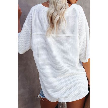White Waffle Knit Drop Shoulder Loose Top