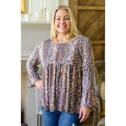 Purple Floral Print Round Neck Plus Size Babydoll Blouse