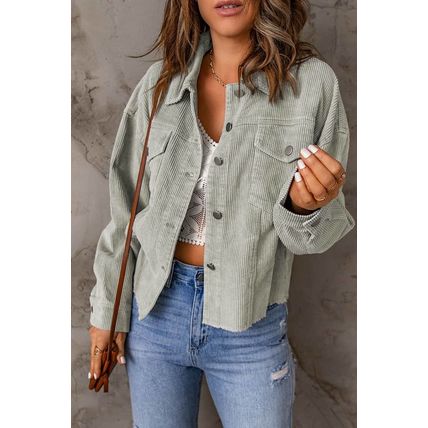 Sky Blue Raw Hem Flap Pockets Cropped Corduroy Jacket