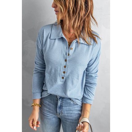 Sky Blue Button Front Turn-down Neck Knit Top