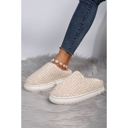 Pale Khaki Two-tone Knitted Warm Homewear Slippers