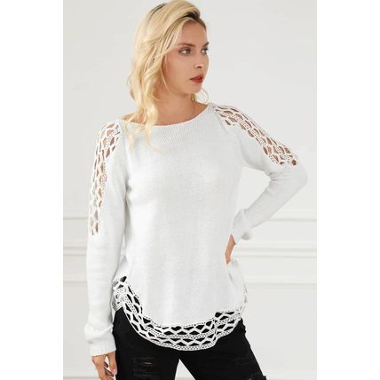 White Solid Scoop Neck Hollow Out Sweater