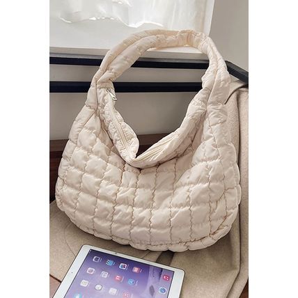 White Quilted Zipper Large Shoulder Bag