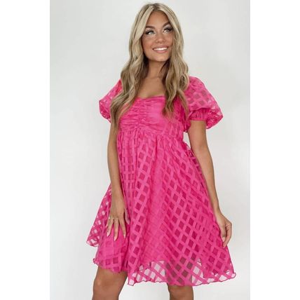 Strawberry Pink Checkered Puff Sleeve Babydoll Dress