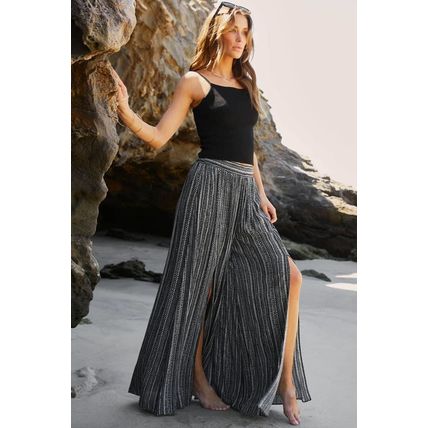 Black Printed Striped Printed Slit Wide Leg High Waist Pants