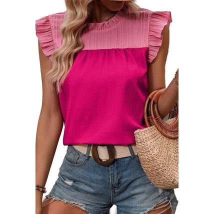 Rose Red Two Tone Ruffled Flutter Sleeve Blouse