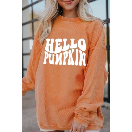 Orange HELLO PUMPKIN Letter Graphic Corded Sweatshirt