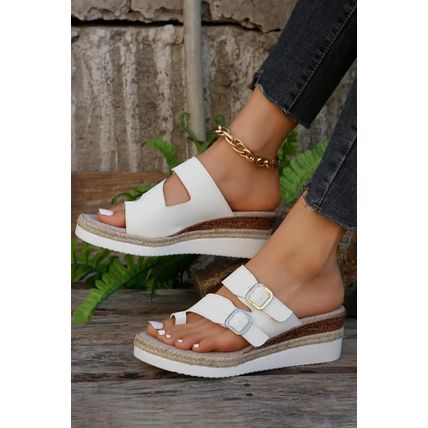 White Buckled Straps Slip-on Wedge Slippers