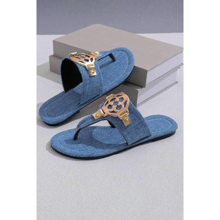 Dusk Blue Metal Décor Leather Thong Slippers