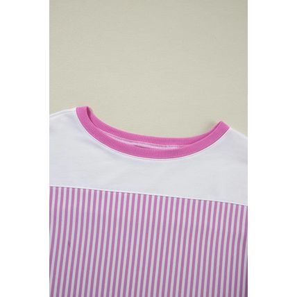 Pink Stripe Patchwork Bracelet Sleeve Plus Size T Shirt