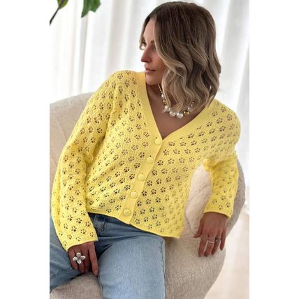 Yellow Pointelle Knit V Neck Sweater Cardigan