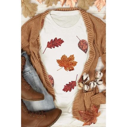White Halloween Sequined Leaves Graphic Crew Neck T Shirt