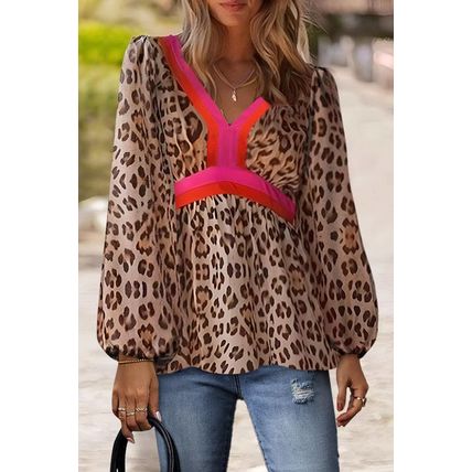 Khaki Cheetah Color Block V Neck Balloon Sleeve Babydoll Blouse