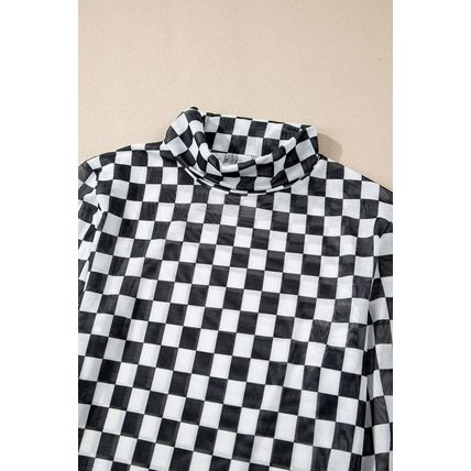 Black Checkered Printed Long Sleeve High Neck Bodysuit