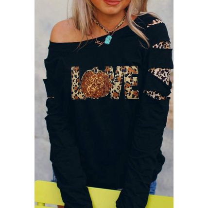 Black LOVE Sequin Pumpkin Leopard Print Cut Out Sleeve Sweatshirt