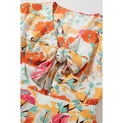 Orange Blooming Floral Print Front Tie Romper