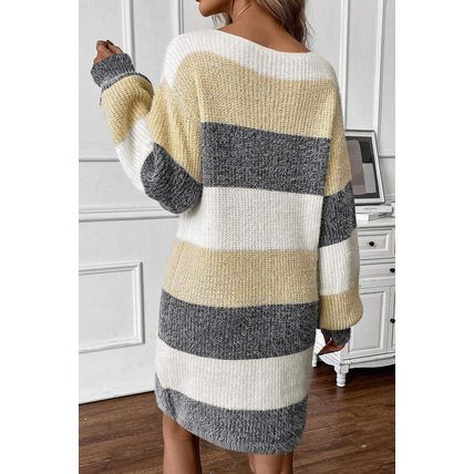Gray Stripe Colorblock Bubble Sleeve Drop Shoulder Sweater Dress