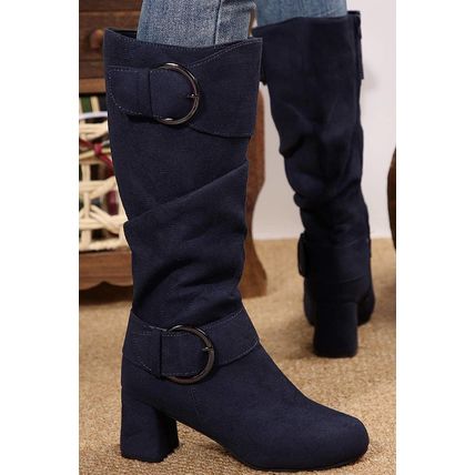 Navy Blue Suede Double Buckled Side Zipped Mid-calf Boots