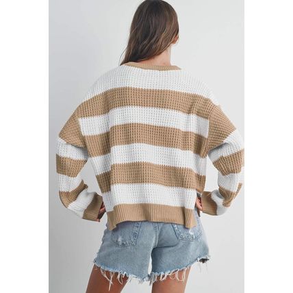 Light French Beige Colorblock Striped Drop Shoulder Side Slit Sweater