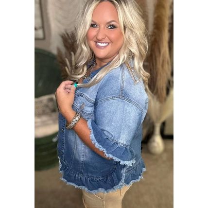 Peacock Blue Ruffled Frayed Short Sleeve Plus Size Denim Jacket