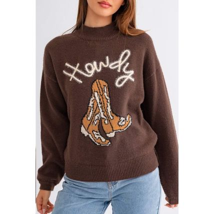 Coffee Western Howdy Boot Graphic High Neck Sweater