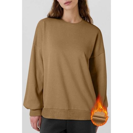 Camel Solid Fleece Lined Drop Shoulder High Low Sweatshirt