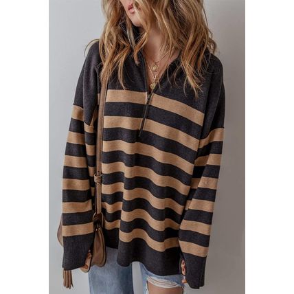 Black Stripe Collared Quarter Zipper Oversized Sweater