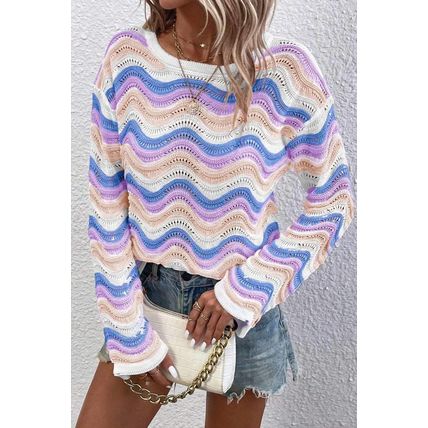Purple Stripe Wavy Pointelle Knit Drop Shoulder Sweater