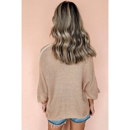 Light French Beige Contrast Striped 3/4 Sleeve Crew Neck Sweater