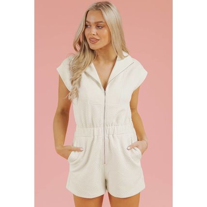 Jet Stream Textured Zipped Front V Neck Collared Casual Romper