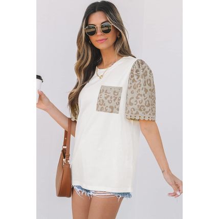 White Leopard Patchwork Crochet Lace Trim Puff Sleeve T Shirt