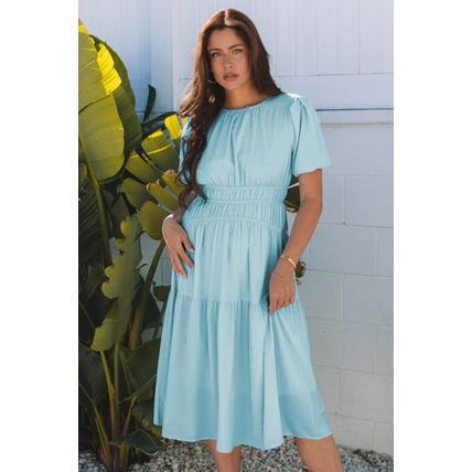 Light Blue Puff Sleeve Pleated High Waist Flowy Midi Dress