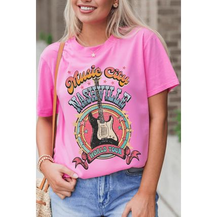 Sachet Pink Nashville WORLD TOUR Music City Guitarist Graphic Tee