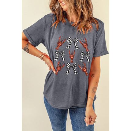 Gray Checkered Bow Crawfish Printed Summer Tee