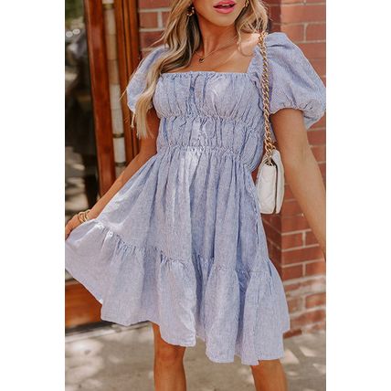 Sky Blue Stripe Bubble Sleeve Square Neck Ruched Pocketed Babydoll Dress
