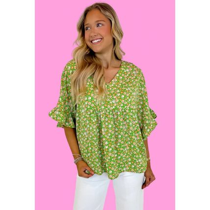 Green Floral Print Ruffle Sleeve V Neck Blouse Top