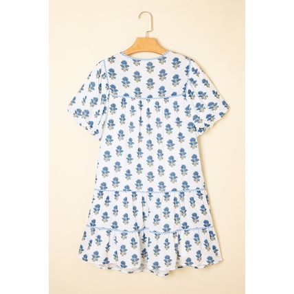 Sky Blue Floral Puff Sleeve Tied Neck Pocketed Mini Dress