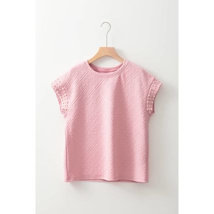 Light Pink Pearl Embellished Flower Textured T Shirt