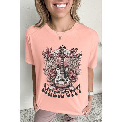 Pink Nashville MUSIC CITY Guitar Graphic Crewneck Tee