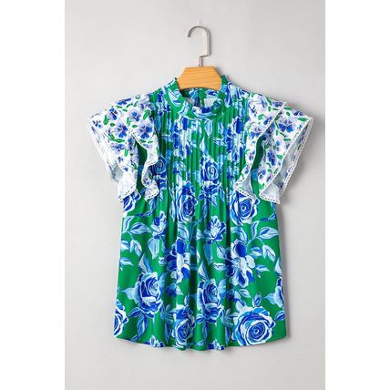 Green Floral Print Lace Trim Contrast Ruffle Sleeve Pleated Loose Blouse