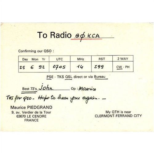Amateur Radio QSL Card France F9KW Le Cendre Auvergne Piedgrand