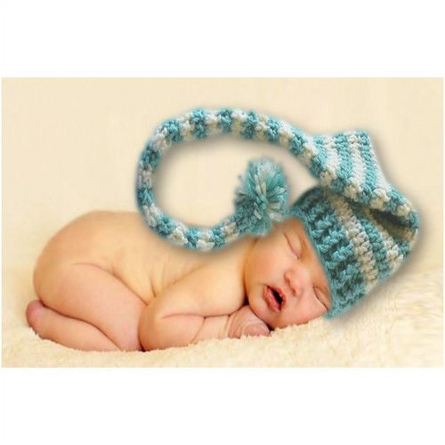 Baby long tail elf hat #BH002 crochet cream and blue 0-3 months