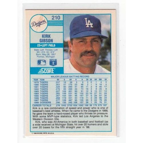 1989 Score Kirk Gibson baseball card #210 – Dodgers